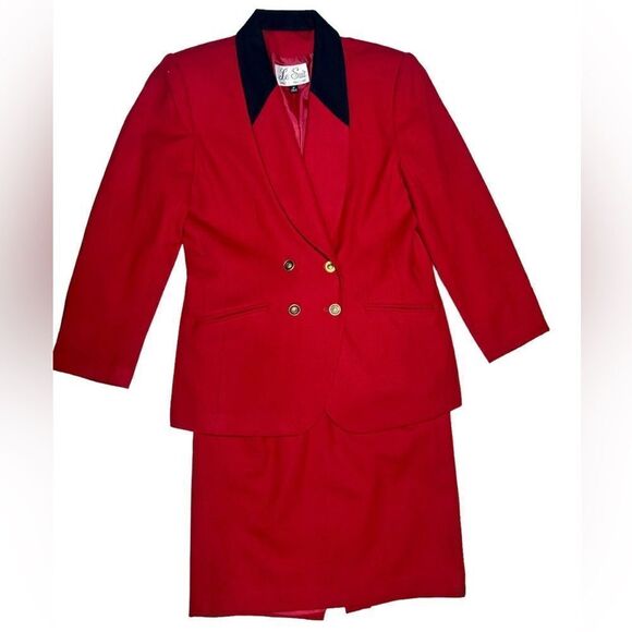 Le Suit Red Skirt Suit Set Matching Blazer Double Breasted Skirt with Pockets - Picture 1 of 16